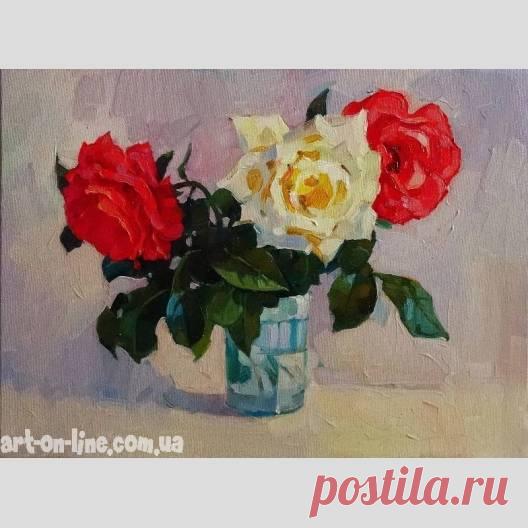 Картина Бабушкины розы - Натюрморт  - Ярошевич Анастасия (живопись) Картина Бабушкины розы -  Три пышные розы в стеклянном стакане. Цветы из бабушкиного сада.