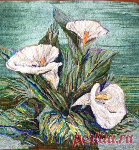 Hooked Rug - Calla Lilies Hand hooked rug - is suitable for hanging. Dimensions are 24 x 24 Pattern design by Capri Boyle Jones. Hooked by Ann Simpson May 2015