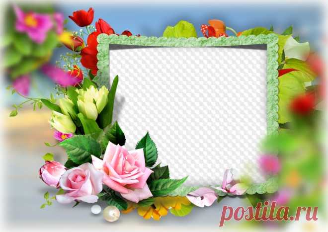 PSD, PNG, Marco de fotos, Rosas y tulipanes. Marco PNG transparente, plantilla de marco de fotos en capas PSD, descarga.