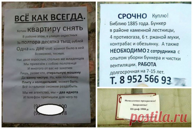 Объявления для удивления | Чёрт побери Креативность, доброта, странность и удивительность нашего народа намешана в объявлениях, при чтении которых можно удивляться, поражаться, смеяться и даже недоумевать.  Шта?  Однозначно дебилы  Пока не перевернешь - не узнаешь  Ну ошибся, ну подумаешь, ввел в заблуждение  Предприимчивые товарищи   Беру!  А так хотелось и именно в автобусе  Ну очень креативные ребята   В детства приучают к трудностям  Телефон гопника  Собутыльник ннннад...