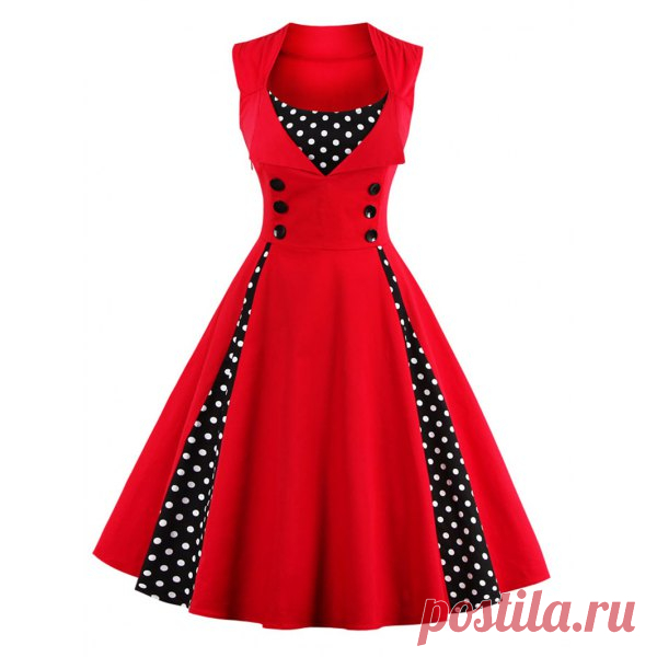 Wholesale Retro Button Embellished Polka Dot Dress (RED,4XL), Vintage Dresses - Rosewholesale.com