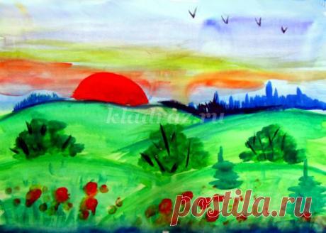 Пейзаж акварелью поэтапно для детей от 5 лет. Мастер-класс с пошаговым фото