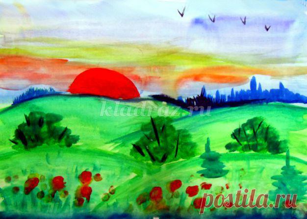Пейзаж акварелью поэтапно для детей от 5 лет. Мастер-класс с пошаговым фото