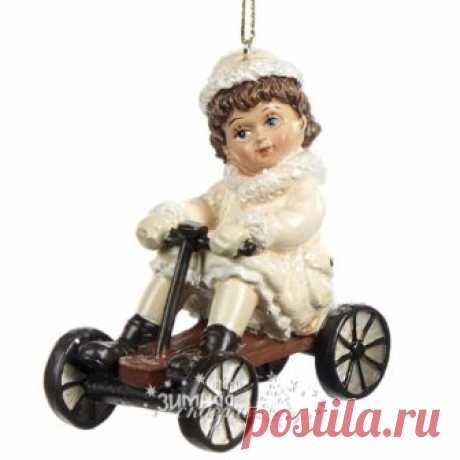 Елочная игрушка Девочка на ретро-велосипеде 10 см, подвеска, Goodwill