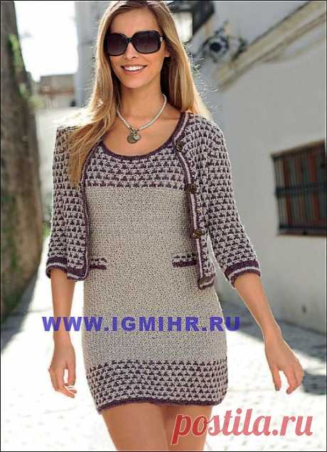 Классическая элегантность в стиле casual. Мини-платье и короткий жакет. Спицы и Крючок.