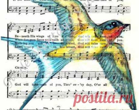 Items similar to Barn Swallow Art Print Spiritual Religious Song Page God Will Take Care Of You Bird Shipping Free 5 x 7 Print on Etsy