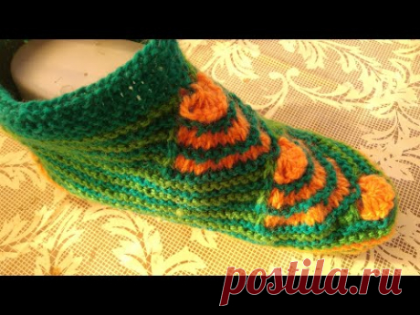 "ДОЛЬКИ АПЕЛЬСИНА"/ МК ЧАСТЬ 1/ТАПОЧКИ-СЛЕДОЧКИ С ВЕЕРАМИ НА ДВУХ СПИЦАХ БЕЗ ШВОВ