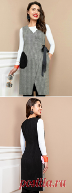 Удлиненный комбинированный жилет (сарафан) с запахом. Выкройка на евро размеры 38-52