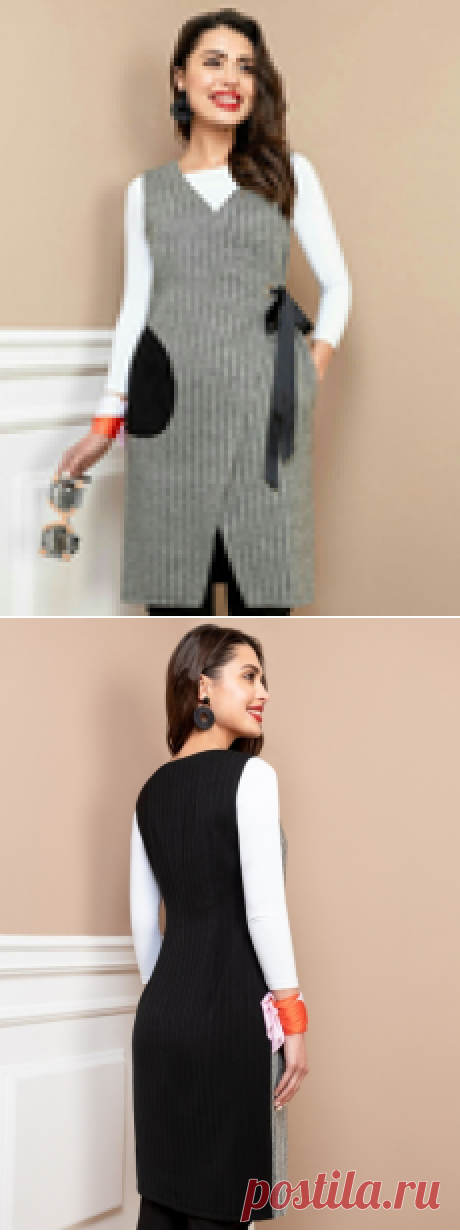Удлиненный комбинированный жилет (сарафан) с запахом. Выкройка на евро размеры 38-52