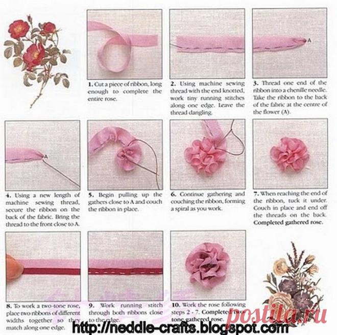Gallery.ru / Фото #165 - διαφορ - ergoxeiro...Pretty ribbon rose embroidery tutorial...This is a great embellishment,and really fun to make!!