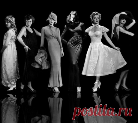 6 десятилетий моды в образах кинодив 1910-х - 1960-х годов.
(слева направо Мэри Пикфорд, Джоан Кроуфорд, Бетт Дэвис, Лорен Бэколл, Мэрилин Монро, Одри Хепберн)