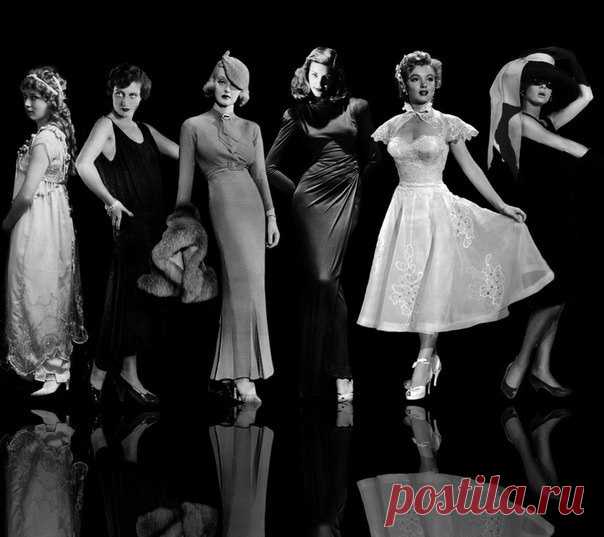 6 десятилетий моды в образах кинодив 1910-х - 1960-х годов.
(слева направо Мэри Пикфорд, Джоан Кроуфорд, Бетт Дэвис, Лорен Бэколл, Мэрилин Монро, Одри Хепберн)