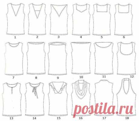 ​Вырез горловины: называем правильно Вырез горловины: называем правильно1. V-образный вырезЭто один из самых популярных вырезов. Для этого классического выреза подходят практически все ткани. Он применим ко многим предметам одежды.
2. ВставкаВставка &mdash; это вариация V-образного выреза. Отличается большей глубиной, но...
