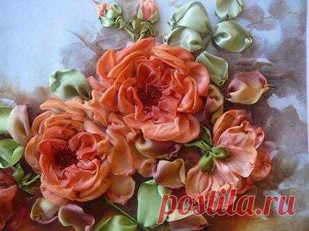 Вышивка лентами роз мк