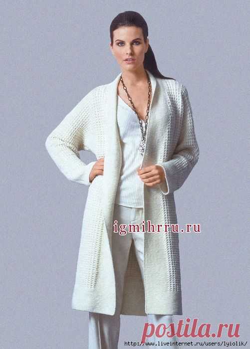 ДЛИННЫЙ ШЕРСТЯНОЙ КАРДИГАН БЕЛОГО ЦВЕТА. Спицы