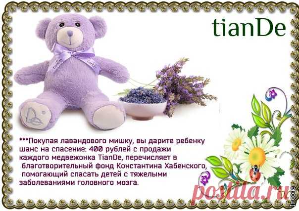 Теперь мы сможем помочь еще большему количеству ребятишек! В поддержку благотворительного проекта корпорация TianDe запустила яркий и максимально информативный сайт с возможностью онлайн-покупки лавандовых медвежат. 

Сайт благотворительного проекта «Лавандовый мишка» от TianDe открывает ряд возможностей для каждого, кто хочет стать сопричастным к благому делу. 

Вы можете приобрести очаровательную игрушку, наполненную цветками лаванды, не выходя из дома в любое удобное дл...