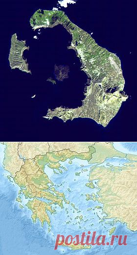 Тира (греч. Θήρα, также — Фира, Санторин, Санторини) — остров вулканического происхождения в Эгейском море, входит в архипелаг Киклады[1]. Площадь составляет 76 км², протяжённость береговой линии — 70 км. Тира вместе с островами Тирасия, Палеа-Камени, Неа-Камени и Аспрониси входит в группу островов в виде кольца, называемую Санторини (Санторин, греч. Σαντορίνη) и давшую второе название самому острову. | Тира (остров) — Википедия