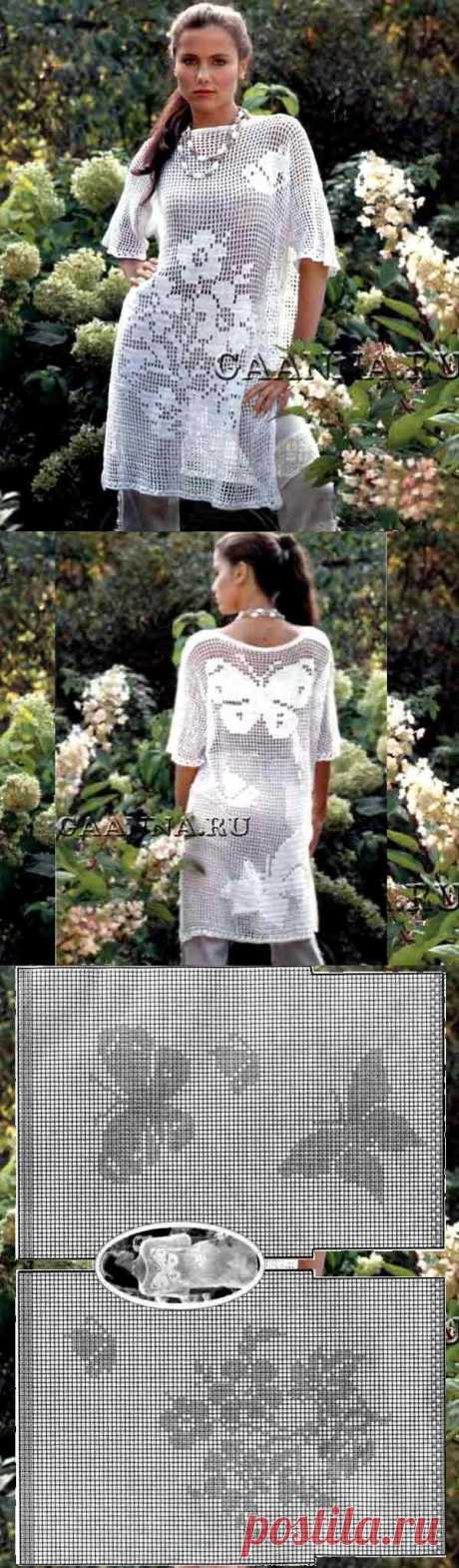 Белая филейная туника. Филейная туника из Журнала Мод №476 связана из 700г вискозы с хлопком крючком №3. Размер 46-48. Модель связана филейной сеткой из столбиков с одним накидом и 2-мя воздушными петлями между ними. В заполненных клетках вместо воздушных петель вяжут 2 столбика с накидом. Для спинки и переда наберите по 190 воздушных петель ( 62 клеточки по 3 петли + 1 петля для симметрии + 3 петли подъема) и далее вяжите по схемам.