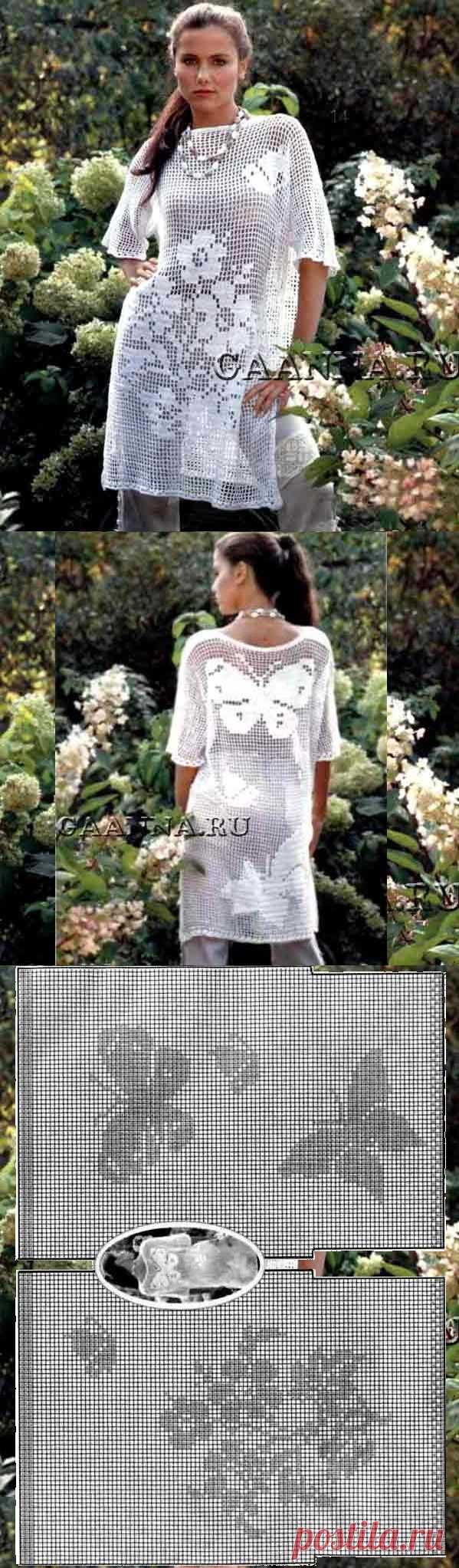 Белая филейная туника. Филейная туника из Журнала Мод №476 связана из 700г вискозы с хлопком крючком №3. Размер 46-48. Модель связана филейной сеткой из столбиков с одним накидом и 2-мя воздушными петлями между ними. В заполненных клетках вместо воздушных петель вяжут 2 столбика с накидом. Для спинки и переда наберите по 190 воздушных петель ( 62 клеточки по 3 петли + 1 петля для симметрии + 3 петли подъема) и далее вяжите по схемам.