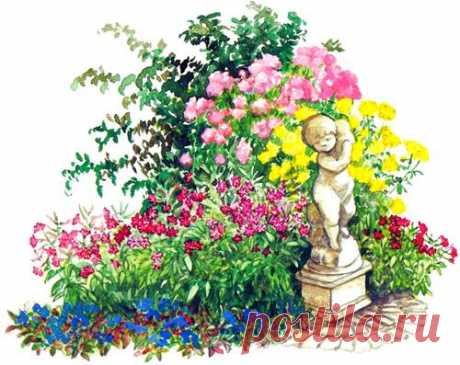 Садовую скульптуру окружают однолетний декоративный табак лесной (Nicotiana sylvestris) и почвопокровная цератостигма свинчатковая (Ceratostigma plumbaginoides).На фоне темной листвы барбариса цветки летников и многолетников кажутся еще ярче. Перед высоким кустом розового флокса метельчатого сияет желтый солнечник подсолнечниковый (Heliopsis helianthoides var. scabra).