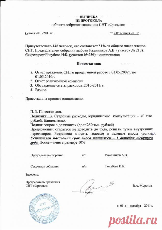 Образец протокола собрания СНТ - порядок его составления