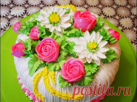 МК по хризантеме , розе и бутону розы  Украшение торта кремом Cake decoration
