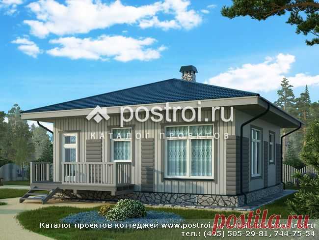 Готовый проект одноэтажного каркасного дома с отделкой блокхаусом под брус, искусственным камнем № C-061-1S