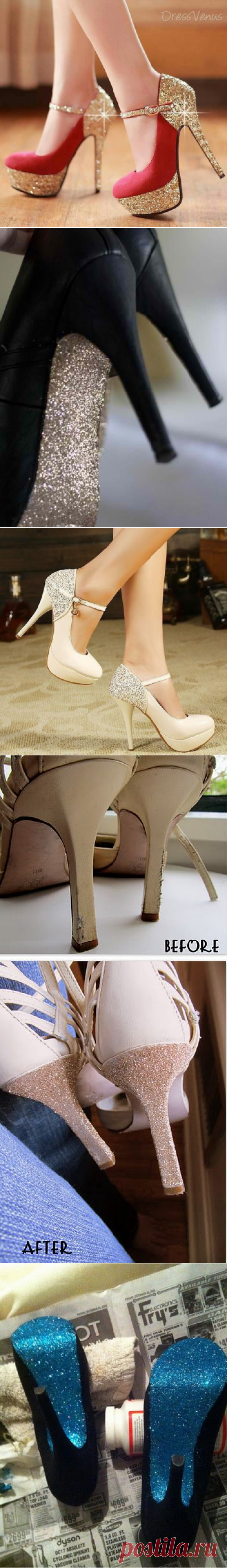 Преображаем туфли в новогодние при помощи клея и блесток.