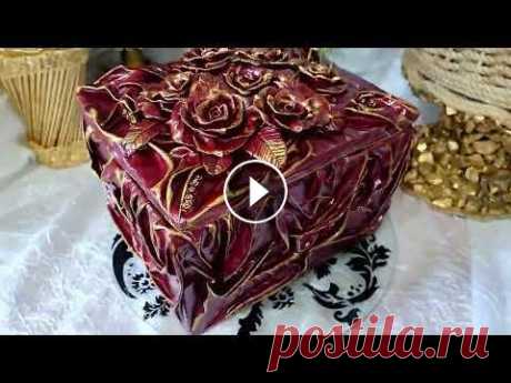 DIY. Идея шкатулки из картона и ткани своими руками! Имитация кожи! Приветствую Вас друзья! Картонная коробка, картон, ткань, клей ПВА, краска бордовая, золотая декоративная краска, лак, цветы из полимерной глины. Приг...