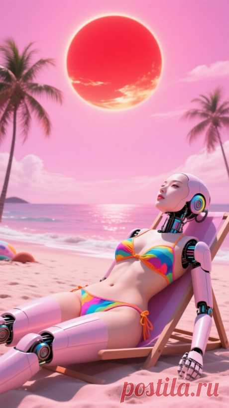 Роботизированная идиллия: розовый закат и бикини в стиле неосюрреализма. Картинка из нейронной сети Qwen images Ai - Qwen Images примеры промтов - Форум ИИ о нейросетях - Yes Ai
