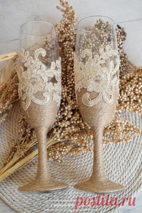 Rustic Wedding Glasses Burlap Lace Toasting Personalization Laser Engraving Twine Burlap Flutes Rustic Champagne Flutes Bride & Groom 2pcs These beautiful wedding glasses bridegroom and the bride in a rustic style champagne will really stand out on your wedding ceremony. Wedding wine glasses are elegantly decorated with cotton lace, twine burlap. A wonderful keepsake of your special day!  Rustic Wedding Glasses