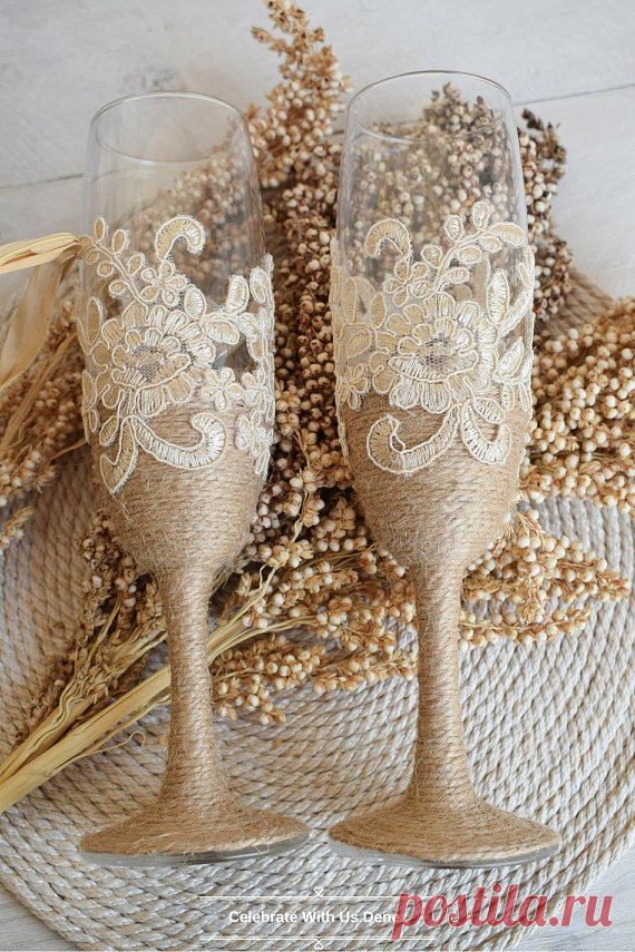 Rustic Wedding Glasses Burlap Lace Toasting Personalization Laser Engraving Twine Burlap Flutes Rustic Champagne Flutes Bride & Groom 2pcs These beautiful wedding glasses bridegroom and the bride in a rustic style champagne will really stand out on your wedding ceremony. Wedding wine glasses are elegantly decorated with cotton lace, twine burlap. A wonderful keepsake of your special day!  Rustic Wedding Glasses