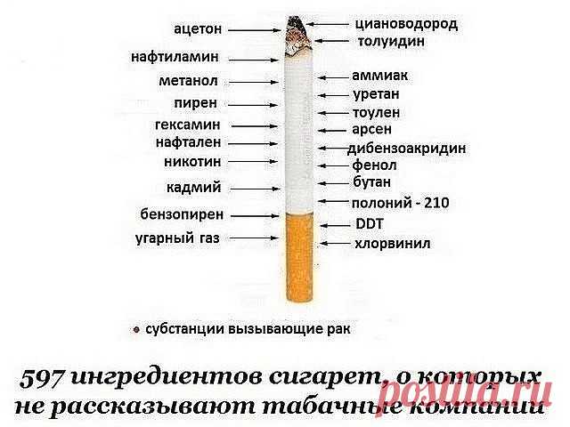 Сохраните, чтобы не потерять. 
СОВЕТ 1 : 597 ингредиентов сигарет, о которых не рассказывают табачные компании 
Если вы думаете, что сигареты — это сушеные листья табака, завернутые в бумагу, то вы крайне серьезно ошибаетесь. 
Табачная промышленность — это самый лучший в мире химик и бармен по части добавок. Некоторые вещества в сигареты добавляют для запаха, некоторые — для «вкуса», а некоторые — просто для удешевления.Исследования также показывают, что сигареты содержат ...