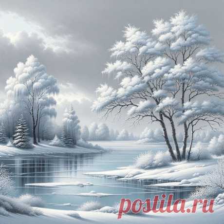 a painting of snow covered trees and water