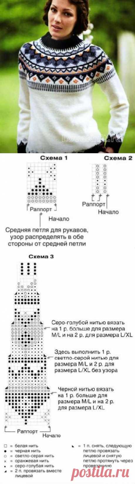 Пуловер с жаккардовой кокеткой схема Схемы вязания спицами » Люблю вязать