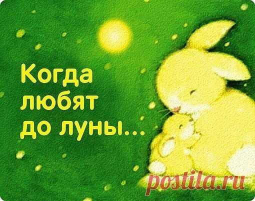Когда любят до луны... Когда любят до луны... 
 
Маленький зайчонок улыбнулся маме: 
— Я вот так тебя люблю! — и развел руками. 
— Ну а я тебя вот так! — мама отвечала, 
Развела руками — тоже показала. 
 
— Это очень много, — прошептал зайчишка, 
— Это очень, очень много, много, но не слишком. 
 
Он присел и прыгнул, высоко, как мячик: 
— Я тебя люблю вот так! — засмеялся зайчик. 
И тогда ему в ответ, разбежавшись, лихо: 
— Вот как я тебя люблю! — подпрыгнула зайчиха. 
 
—...