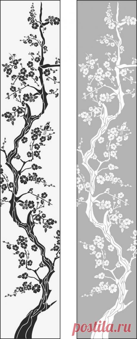 Пескоструйный рисунок узкий дерево с цветами для  плоттерной резки, дизайнерский шкаф-купе.