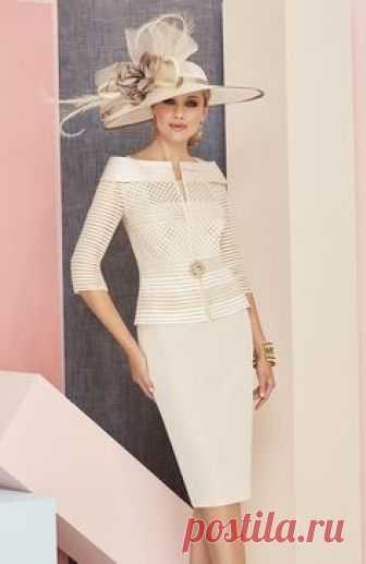 Veni Infantino 991305 Colour Almond and Ivory, price £630. Two-tone knee-length dress, capped sleeves, beaded side motifs. Matching ¾ length sleeved jacket.
