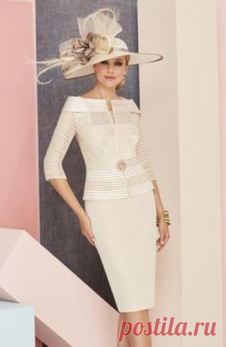 Veni Infantino 991305 Colour Almond and Ivory, price £630. Two-tone knee-length dress, capped sleeves, beaded side motifs. Matching ¾ length sleeved jacket.