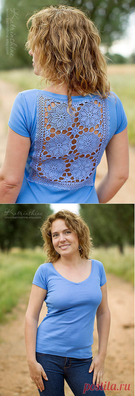 Lavender t-shirt with upcycled vintage crochet от katrinshine