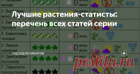 Лучшие растения-статисты: перечень всех статей серии Статисты - это те, кто играют в саду роль второго плана, но вместе с тем создают уникальный фон, позволяющий оттенить великолепные особенности солистов.  А для некоторых миксов они являются и объединяющим звеном - "фирменным" эстетическим элементом, который позволяет воспринимать цветник как стилистически единую композицию, несмотря на разнообразие посаженных там растений. В данный момент в серии "Лучшие статисты на кана...