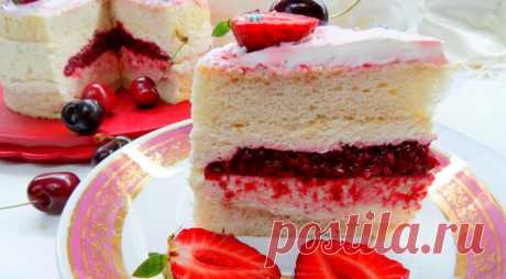 Торт "Пища ангела" с малиновым конфи, пошаговый рецепт с фото