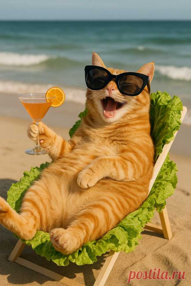 Забавный кот на пляже с коктейлем и очками. Изображение из нейронной сети Sora Ai Images - Sora Images примеры промтов - Форум ИИ о нейросетях - Yes Ai