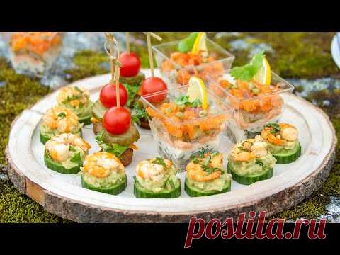 Вечерние закуски для закусок - закусочный бокал с вкусной начинкой. Фрикадельки и креветки на огурце