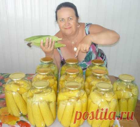 КУКУРУЗА МАРИНОВАННАЯ:  молодые, очищенные початки уложить в 3-х литр. банку. Туда же всыпать - 1стол. ложку соли, 150г. сахара, 2стол. ложки 9% уксуса, 1таблетку аспирина. Залить всё кипятком и стерелизовать 1 час. Закатать. Укутать