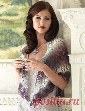 Вязаная треугольная шаль 

 Легкая и воздушная шаль спицами, выполненная из цветной тонкой пряжи на основе акрила с добавлением шелка и шерсти. Вязание шали осуществляется от угла вверх, полотно расширяется путем прибавлений …