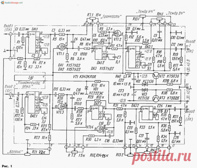 Высококачественный регулятор громкости и тембра (К157УД2, К547КП1) Схема высококачественного регулятора громкости, баланса и тембра для УМЗЧ высокой верности.