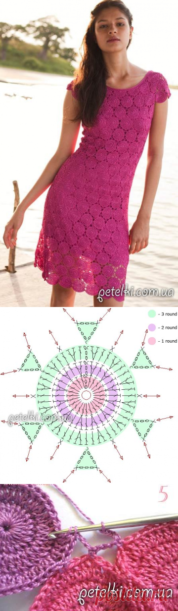 Красивое летнее платье из круглых мотивов. Схемы, МК соединения мотивов
