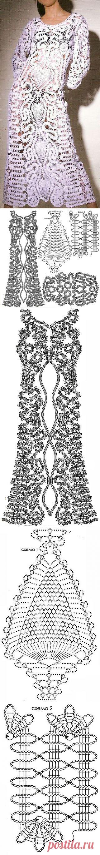 Платье связанное в технике брюггского кружева.