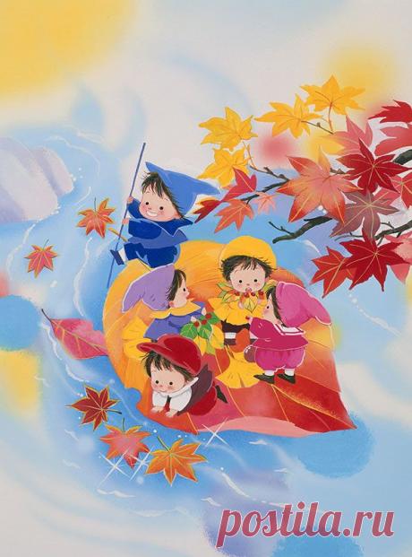 Животных иллюстрации осень, феи реки вниз в листьях лодки